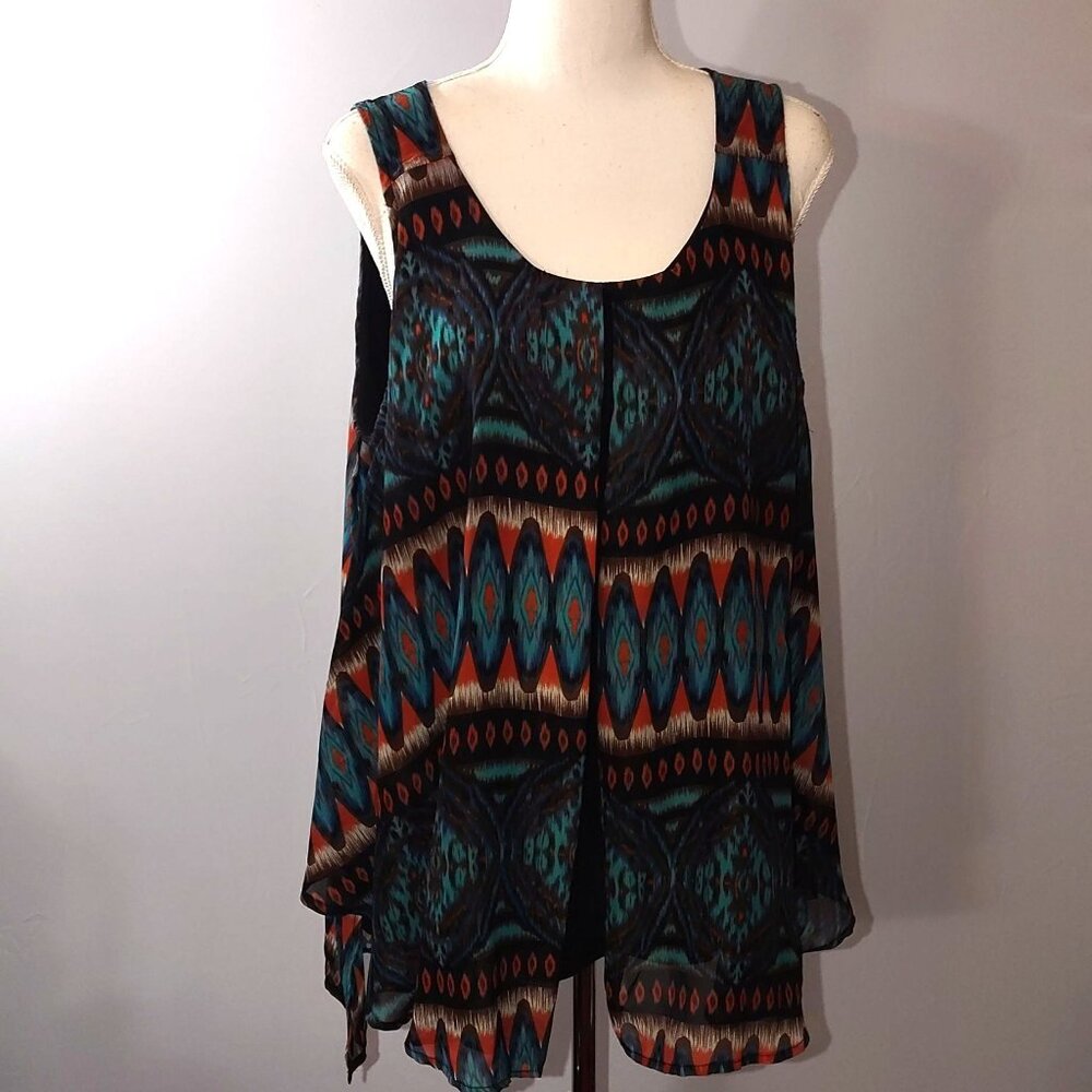 New Directions Womens Sleeveless Tribal Print Tunic Top XL Polyester Blend Multi